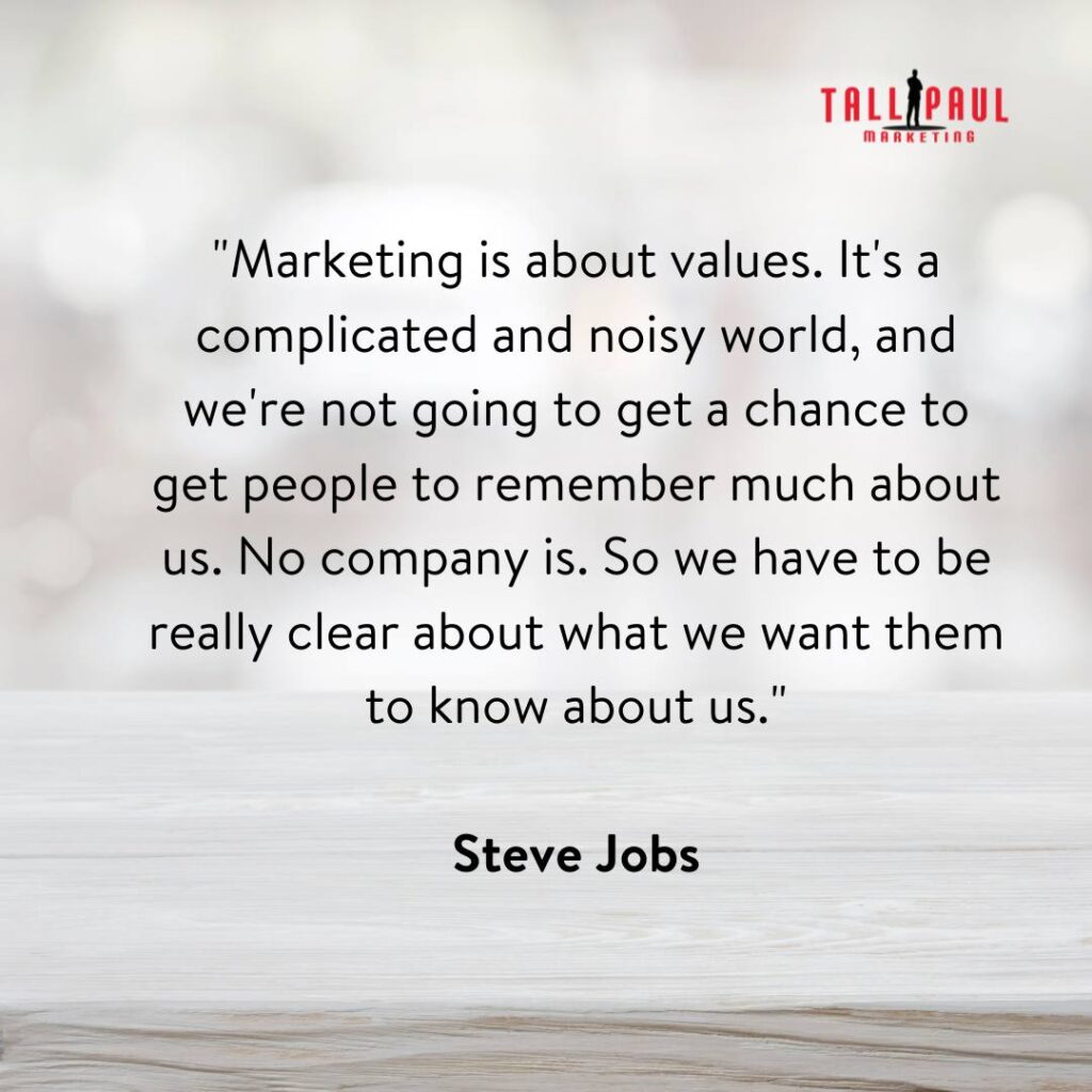 Famous Marketing Quotes - 25 Quotes From 25 Marketing Legends – Copywriting service - Copywriter hire - 10. "Marketing is about values. It's a complicated and noisy world, and we're not going to get a chance to get people to remember much about us. No company is. So we have to be really clear about what we want them to know about us." - Steve Jobs